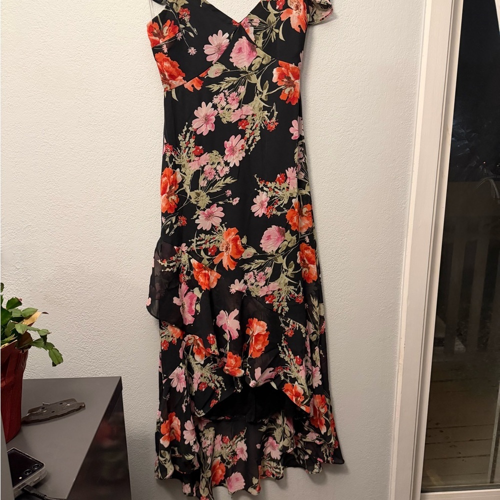 Speechless Black Dress with Red and Pink Floral High Low Design